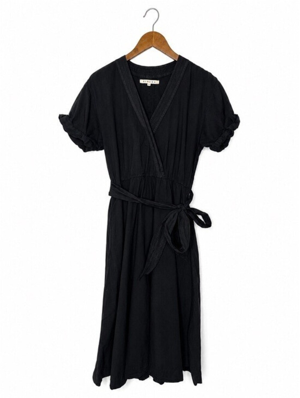 Xirena Black 100% Cotton Midi Dress Puff Sleeve Tie Waist Size M